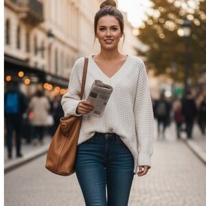 Hollister Cable-knit Vneck Sweater Size‎ L Ivory Soft Comfy